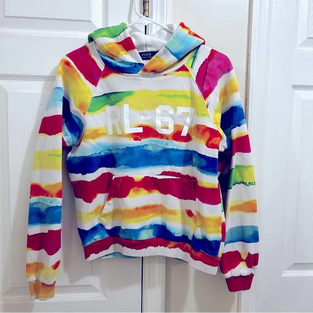 Ralph Lauren Watercolor Striped Rainbow Tie Dye Hoodie Size Large *no string